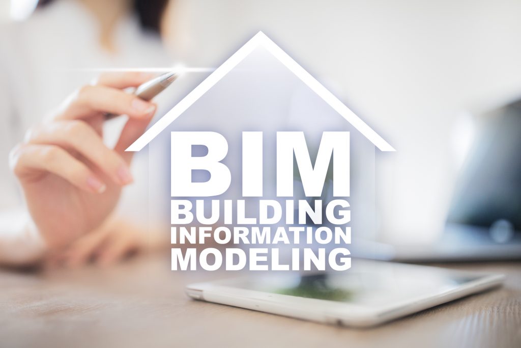 BIM - Building information modeling on virtual screen. BIM - Building information modeling is a process the generation and management of digital representations of physical and functional characteristics of places.